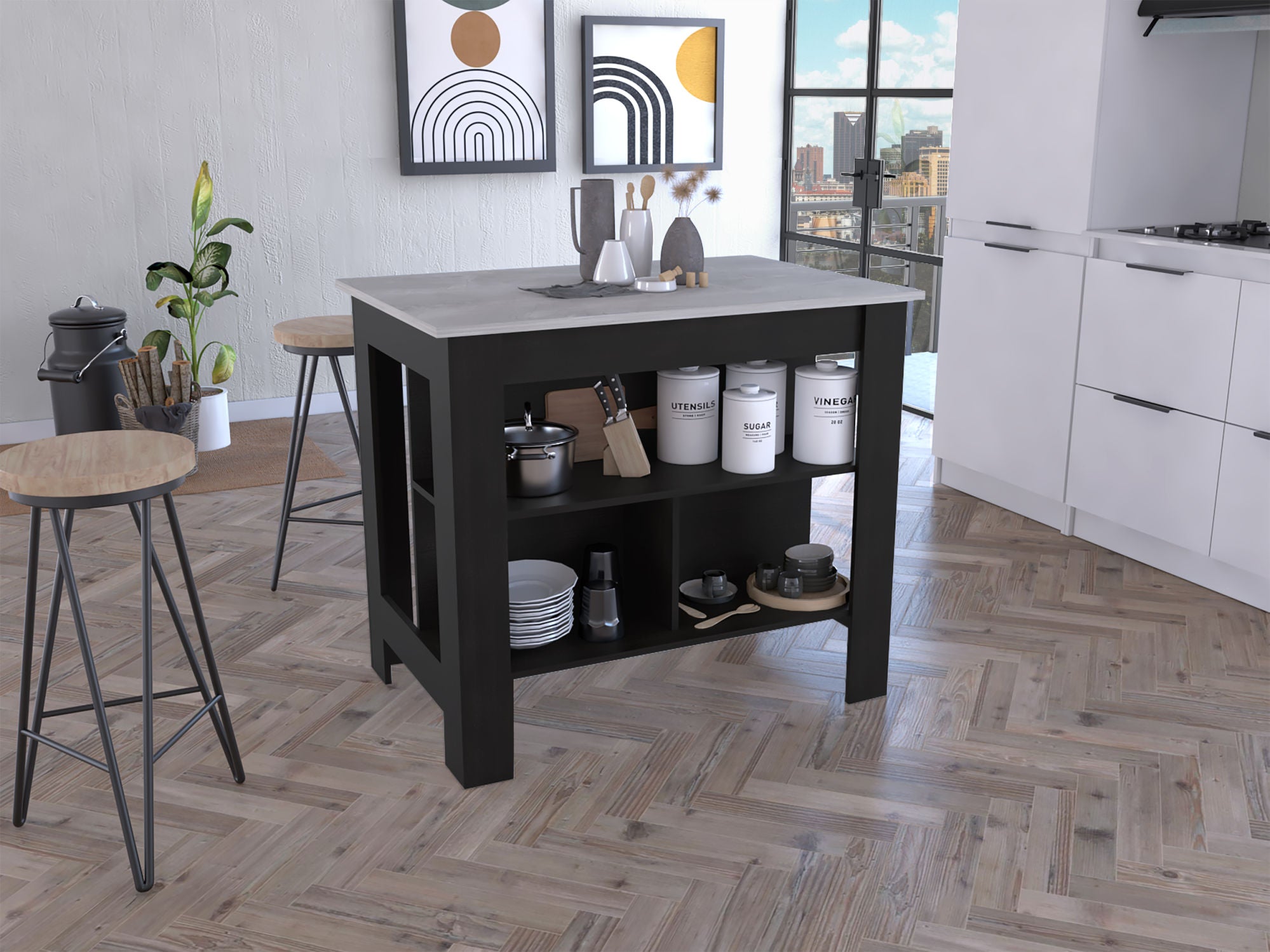 Cala Kitchen Island; Four Legs; Three Shelves -Black / Ibiza Marble Doba as Pic